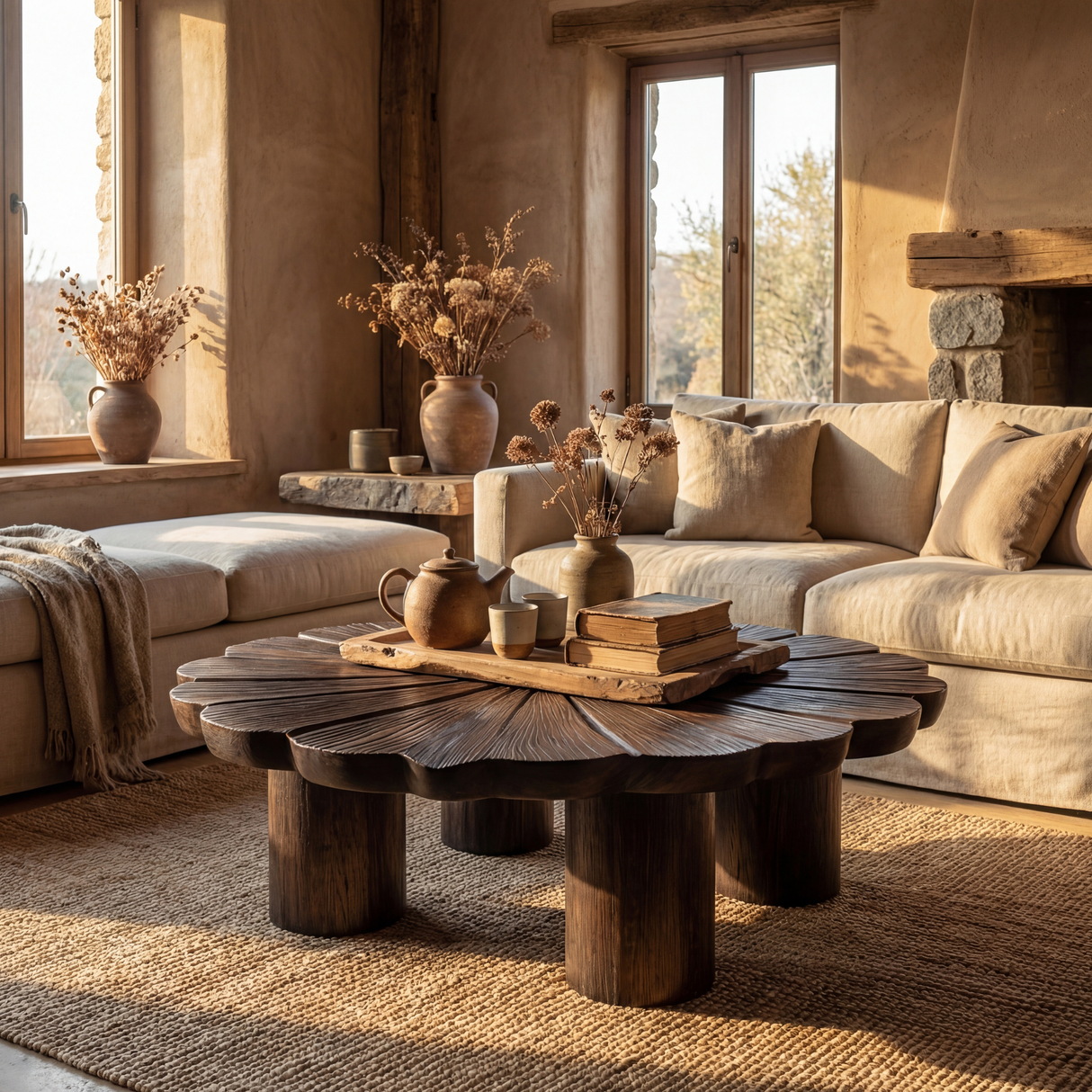 Sculptural Solid Wood Coffee Table with Textured Floral Top