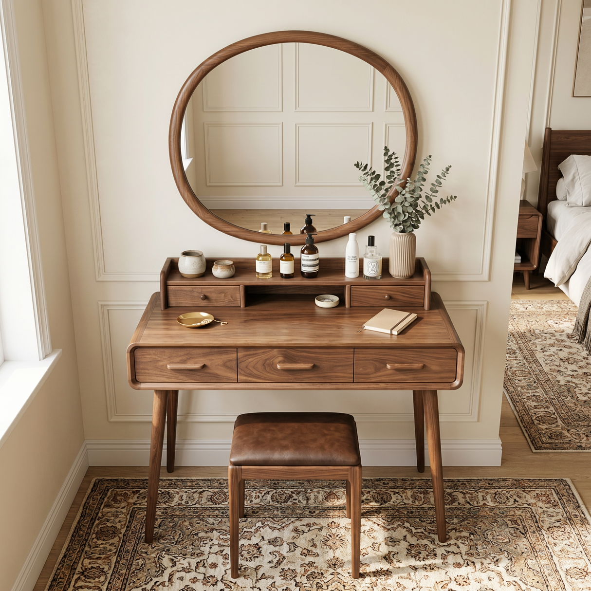 Solid Wood Makeup Vanity Table with Tiered Organizer Hutch and Three Storage Drawers