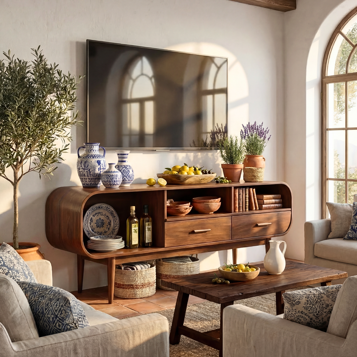 Curved Wood TV Cabinet with Drawers and Open Shelving, Mid Century Modern Media Console for Organic Modern Living Rooms