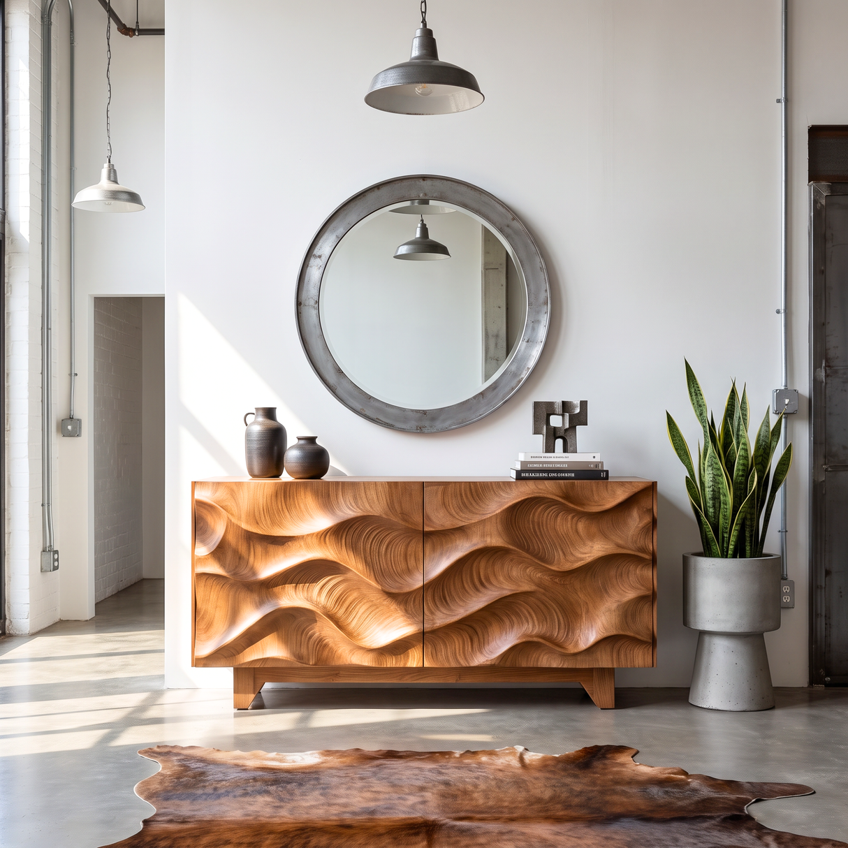 Sideboard Solid Wood with Sculptural Flowing Wave Relief Doors for Entryway Decor