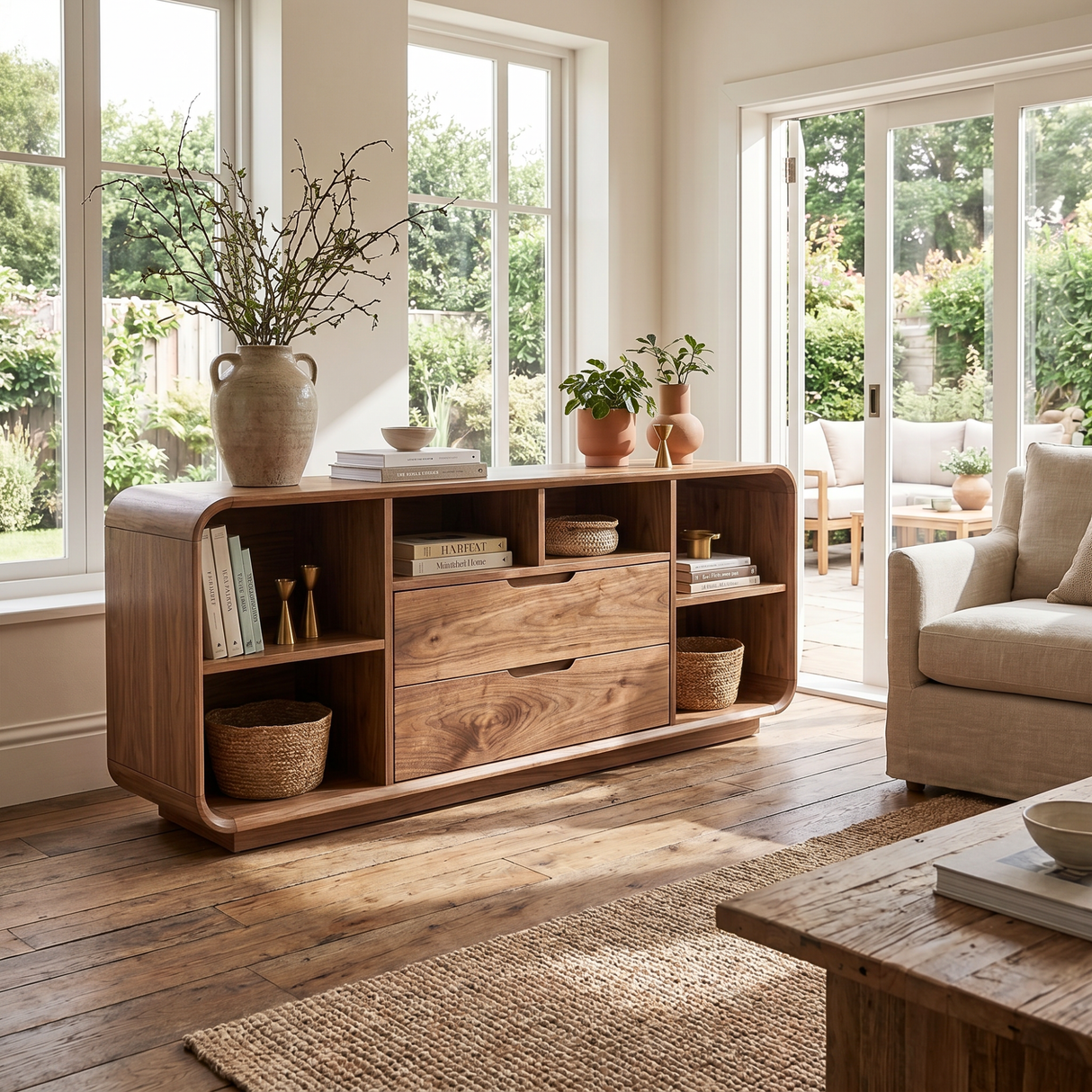 Solid Wood Rounded Corner Sideboard with Drawers and Open Shelves