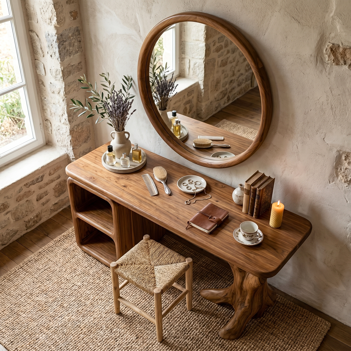 Handcrafted Solid Wood Vanity Table with Sculptural Root Base and Open Shelves