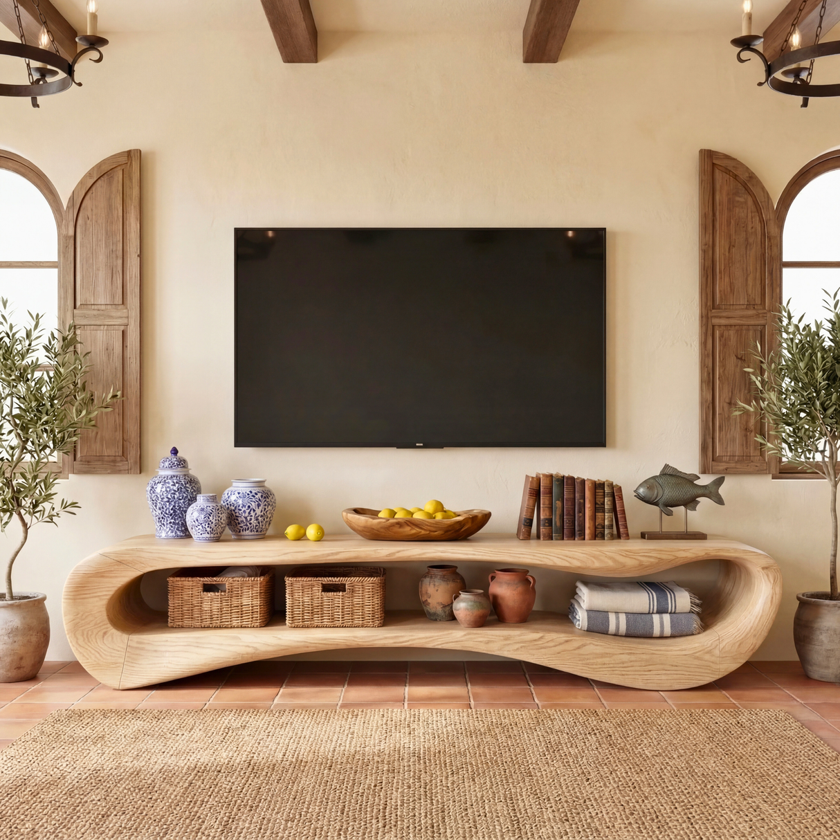 Sculptural Solid Wood TV Cabinet, Organic Modern Media Console for Living Room