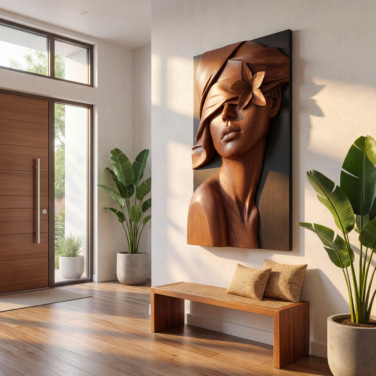 Floral Woman Sculpture Wall Art Solid Wood Handcrafted Decor