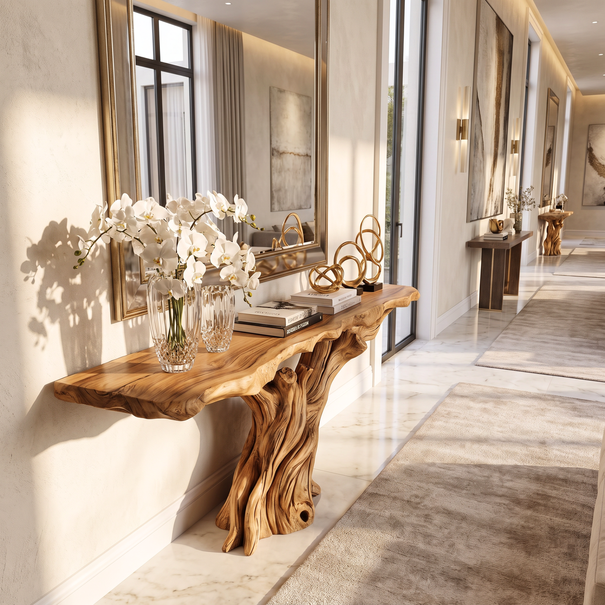 Console Table Solid Wood with Sculptural Tree Branch Base for Entryway