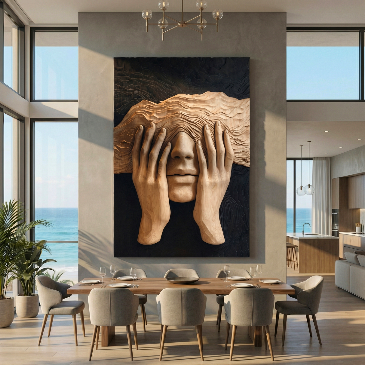 Handcrafted Solid Wood Face Wall Sculpture with Layered Wave Blindfold and Sculpted Hands