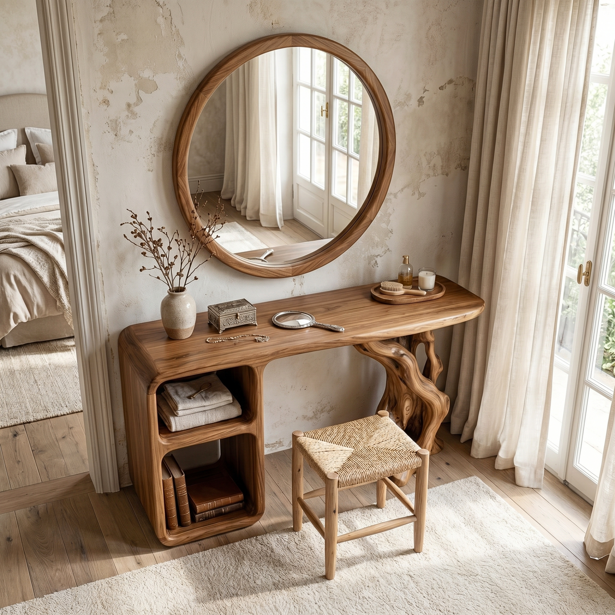 Sculptural Solid Wood Vanity Table with Organic Carved Base and Open Shelf Storage