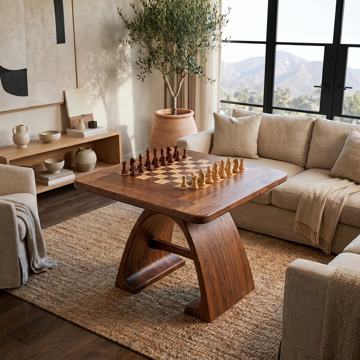 Handcrafted Solid Wood Chess Table with Arched Sculptural Pedestal Base