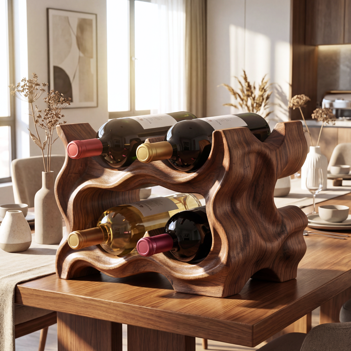 Carved Solid Wood Wine Rack with Organic Sculptural Form