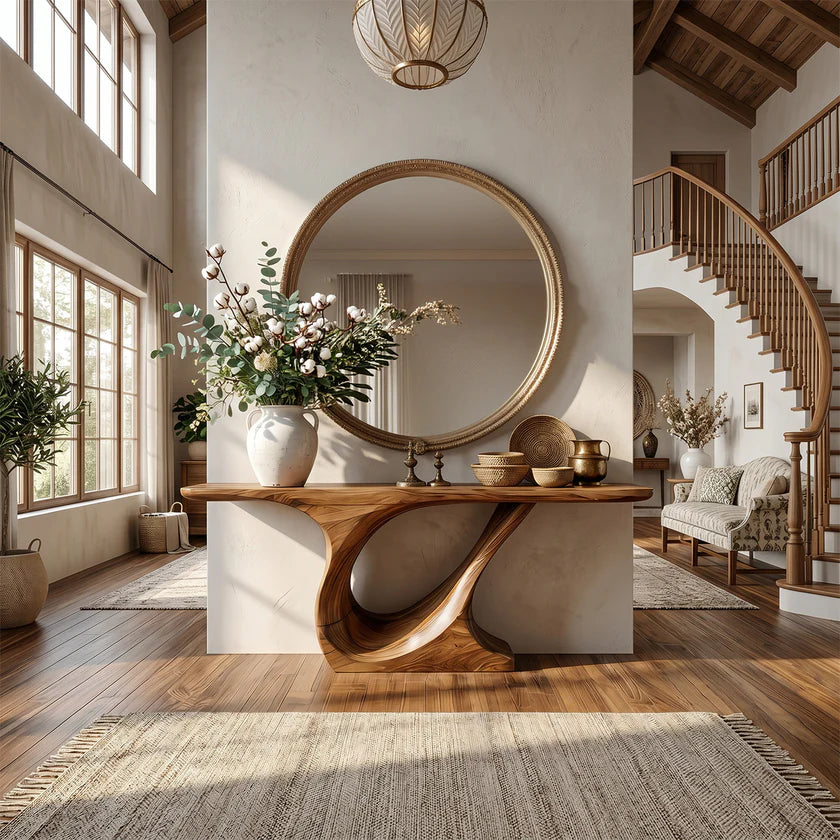 Organic Curve Solid Wood Console Table with Sculpted Pedestal Base