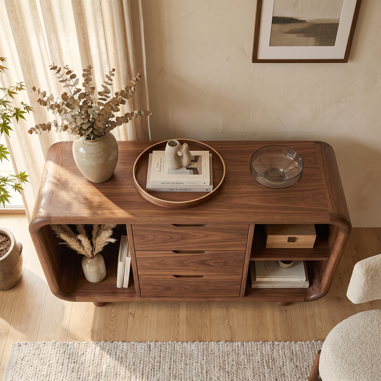 Solid Wood Sideboard Cabinet with Three Drawers and Rounded Display Bays