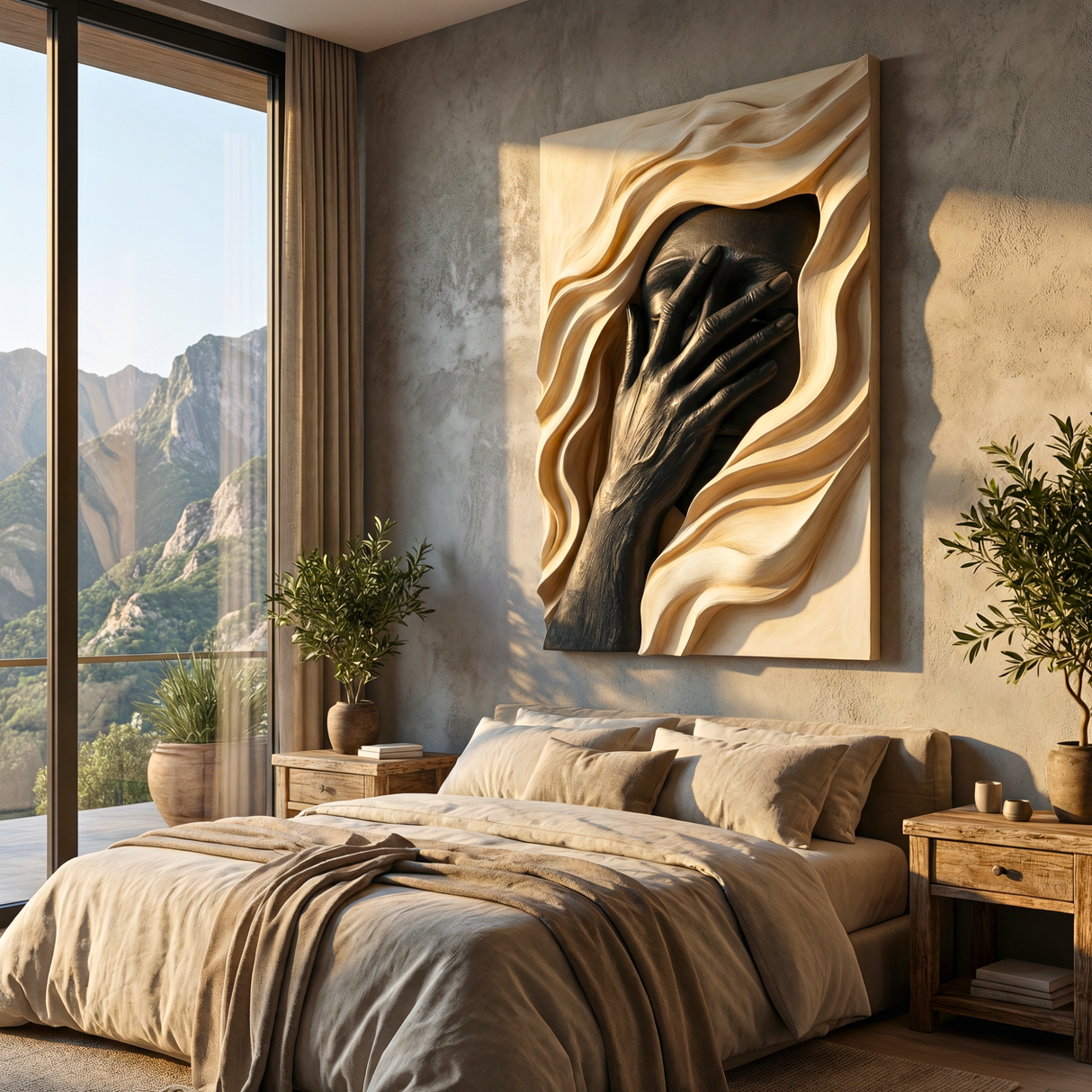 Handcrafted Solid Wood Face Wall Sculpture with Black Relief Hand and Flowing Layers