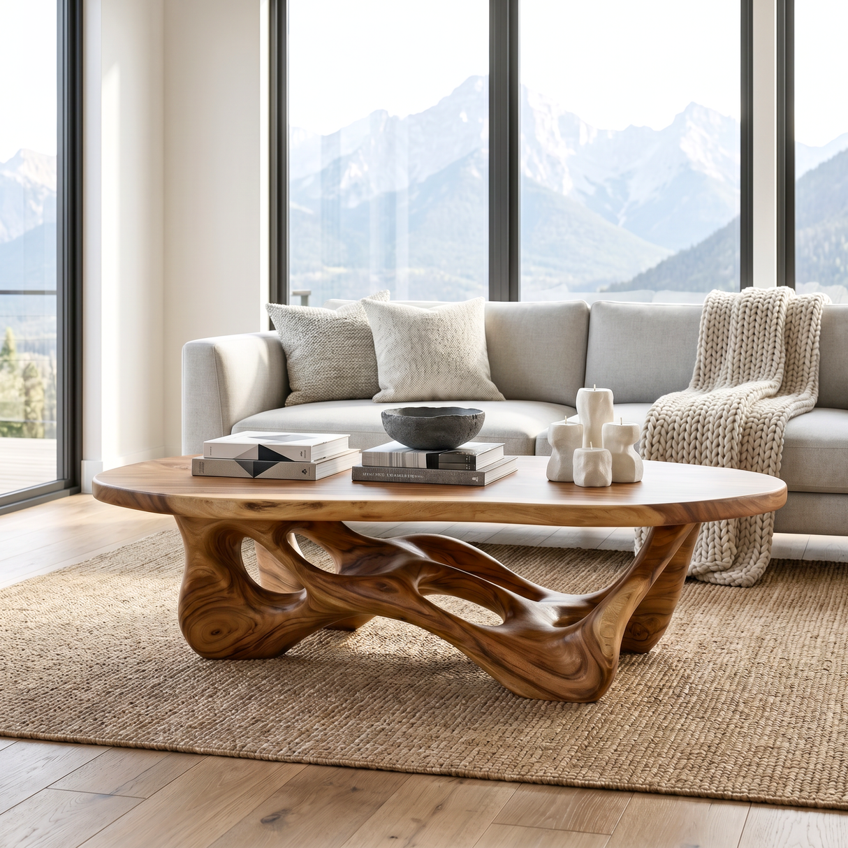 Solid Wood Coffee Table with Organic Openwork Base and Rounded Slab Top
