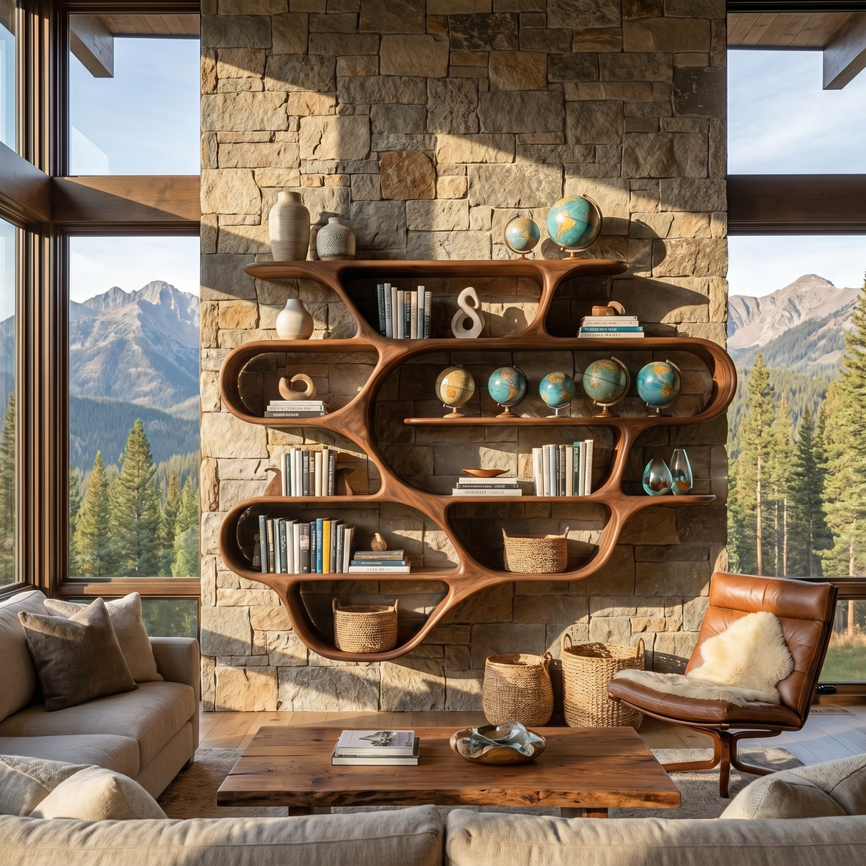 Large Organic Solid Wood Wall Bookshelf with Wave Shelf Compartments