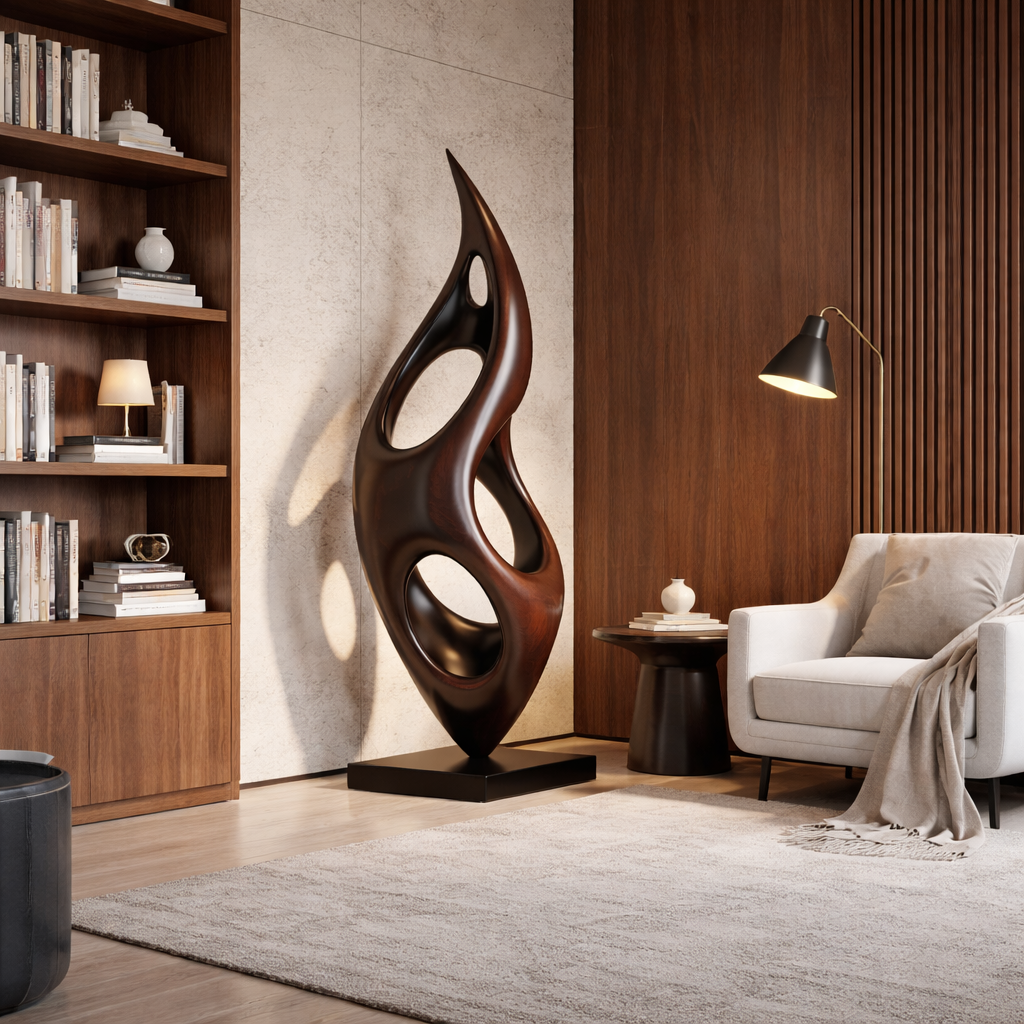 Solid Wood Openwork Flame Sculpture with Plinth for Modern Living Rooms and Lobby Spaces