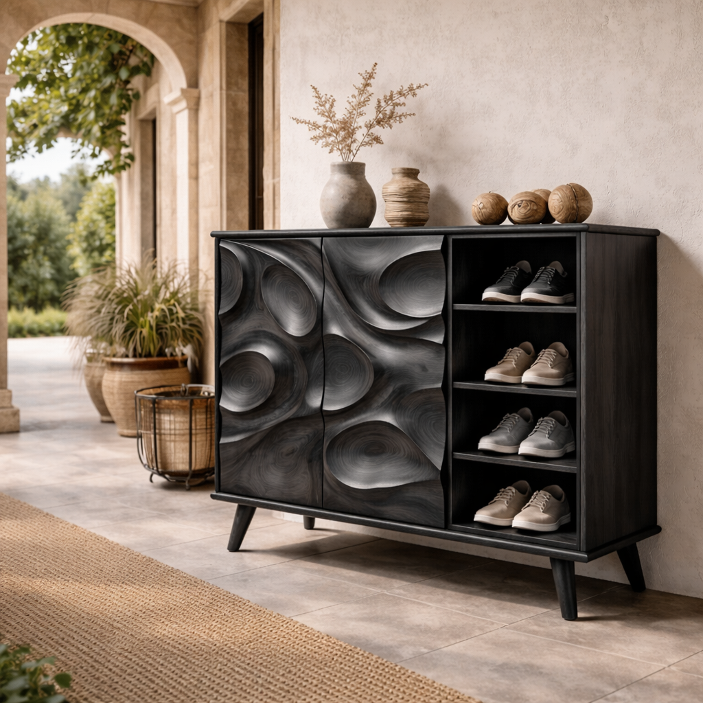 Handcrafted Solid Wood Shoe Cabinet with Sculptural Carved Doors for Entryways