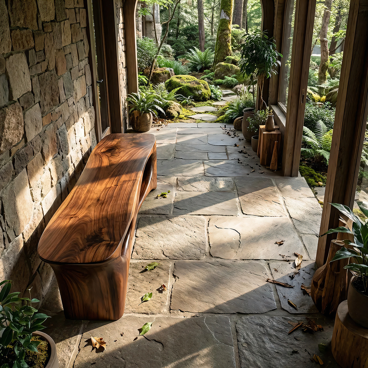 Abstract Sculptural Solid Wood Bench with Organic Cut-Out Design