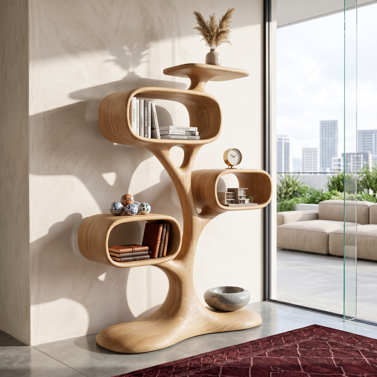 Organic Solid Wood Tree Display Shelf with Rounded Compartments