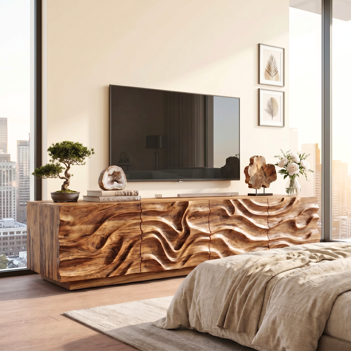 Organic Solid Wood TV Console with Flowing Wave Carved Doors