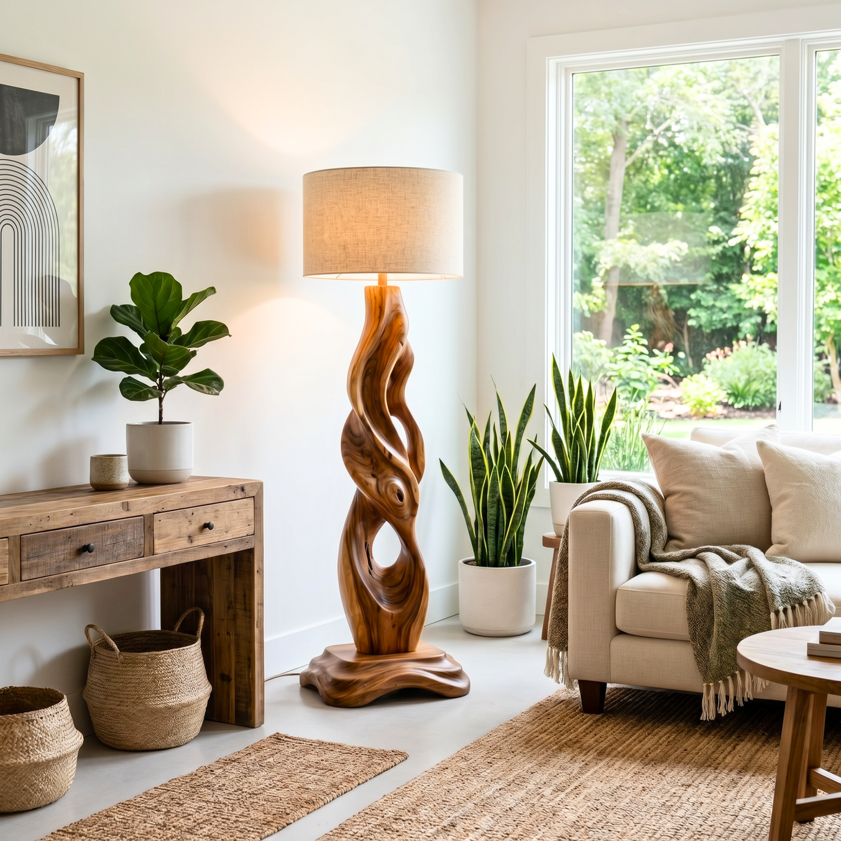 Handcrafted Wood Floor Lamp with Organic Carved Base