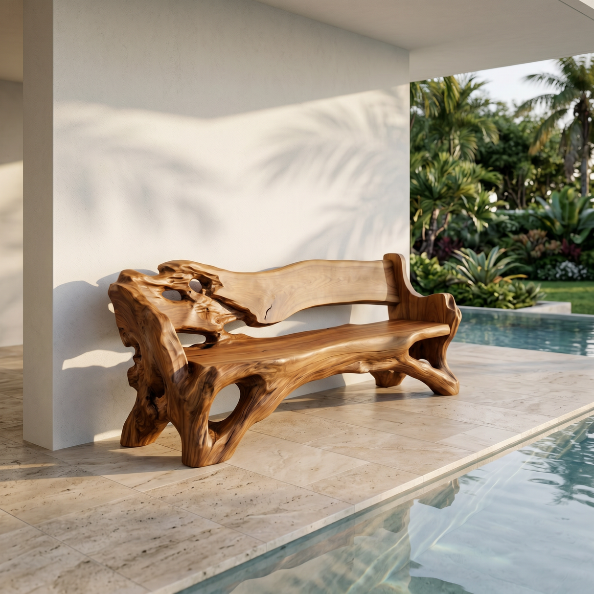 Solid Wood Live Edge Outdoor Bench with Organic Backrest