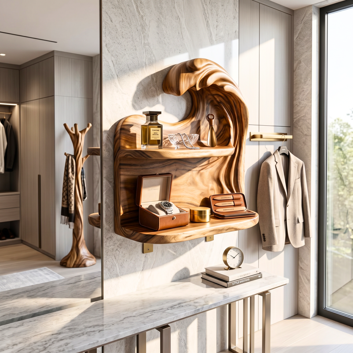 Cresting Wave Wood Wall Shelf with Two Display Tiers