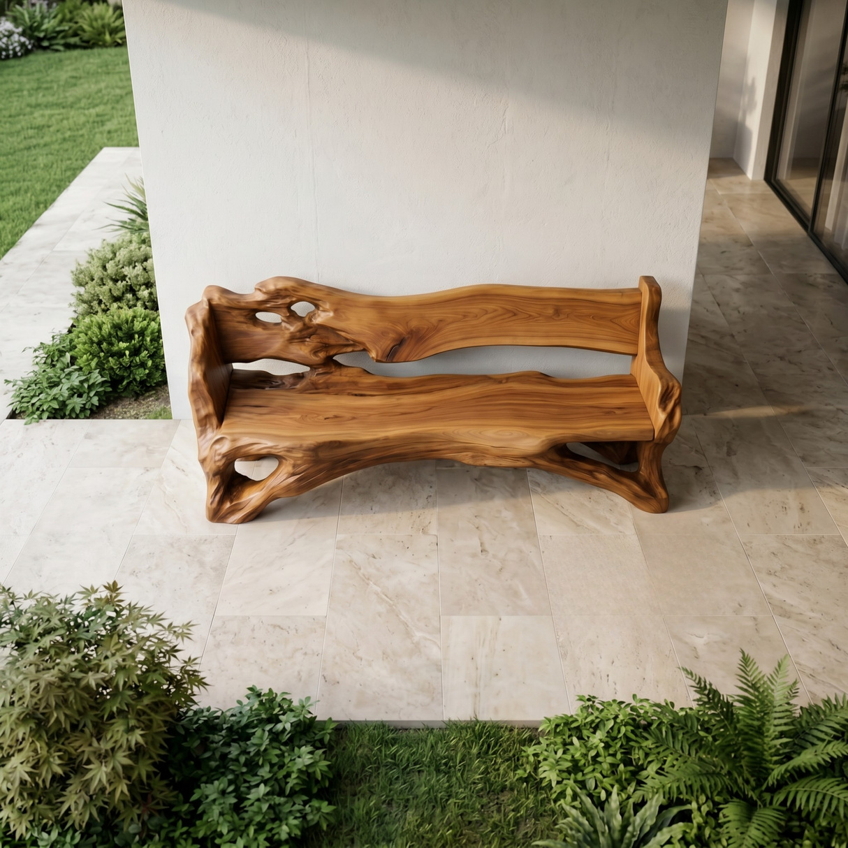 Solid Wood Live Edge Outdoor Bench with Organic Backrest