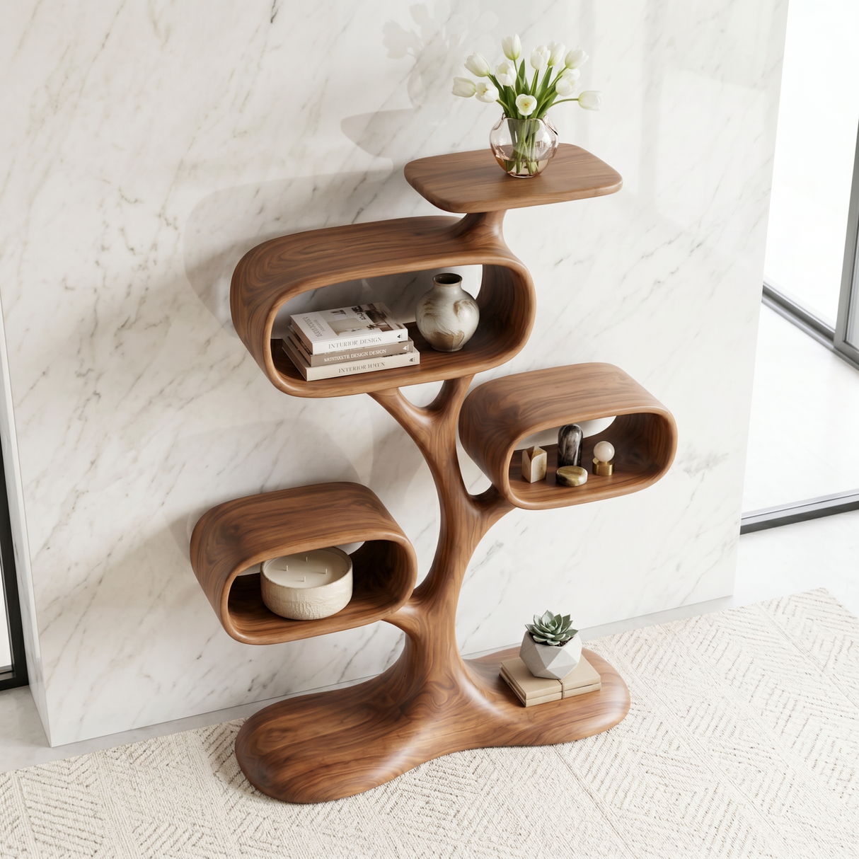 Organic Solid Wood Tree Display Shelf with Rounded Compartments
