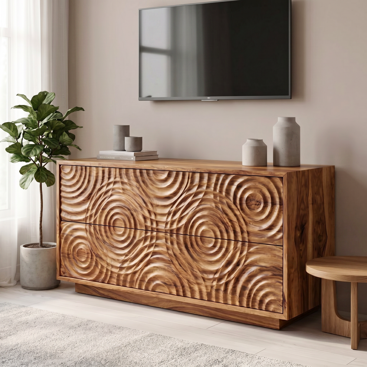 Solid Wood TV Console with Concentric Ripple Carved Doors