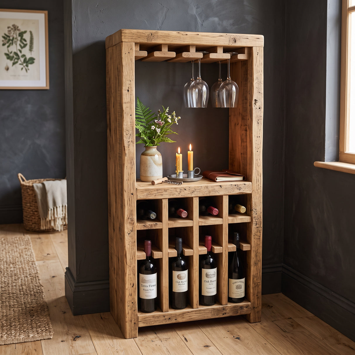 Solid Wood Wine Rack Cabinet with Stemware Holder and Display Shelf