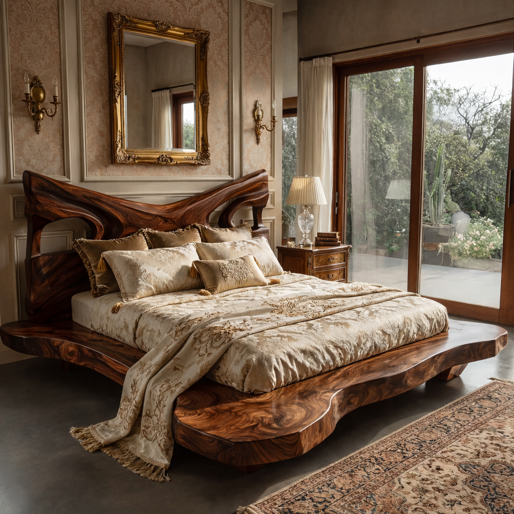 Handcrafted Solid Wood Live Edge Bed with Sculptural Open-Form Headboard
