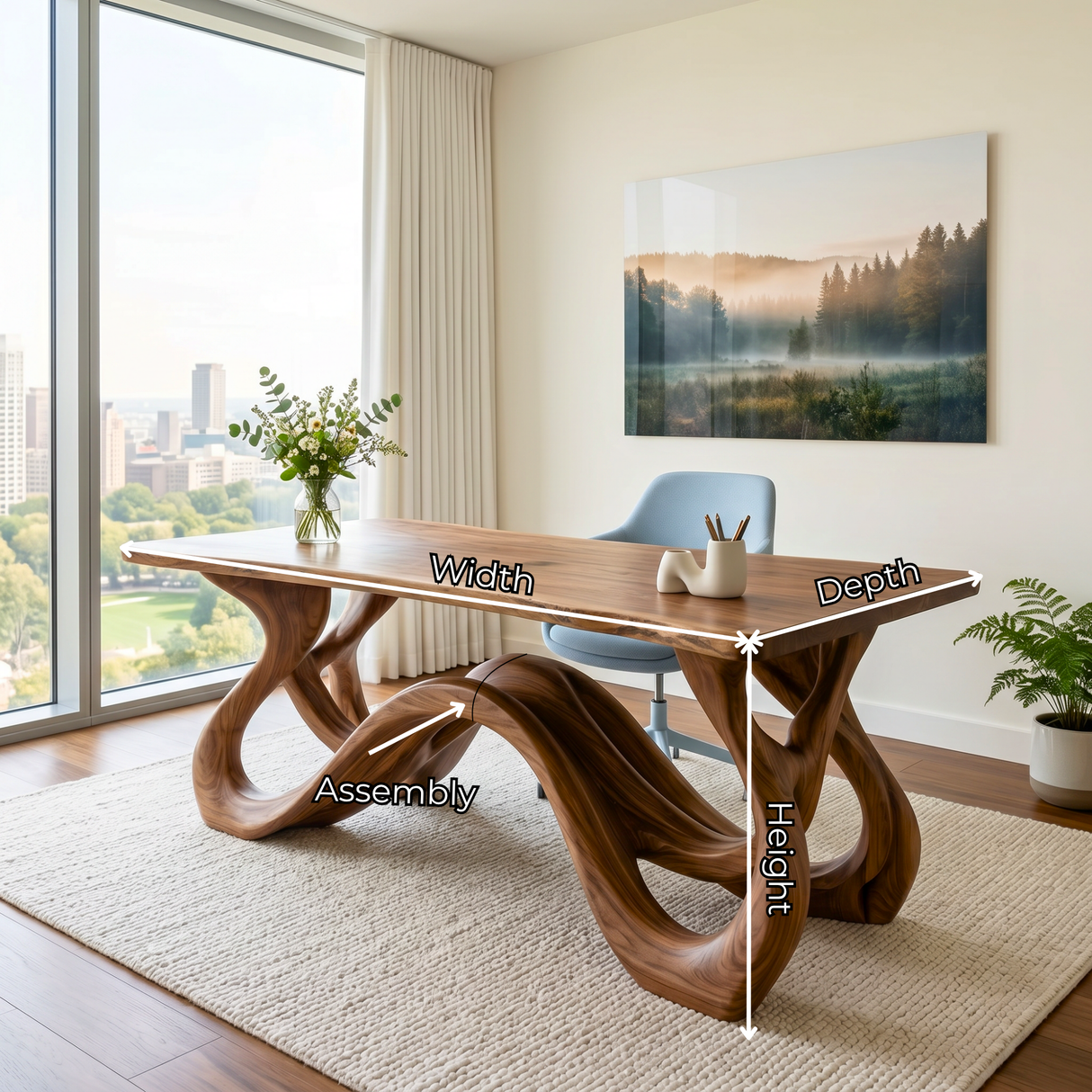 Organic Solid Wood Desk with Flowing Loop Sculptural Base