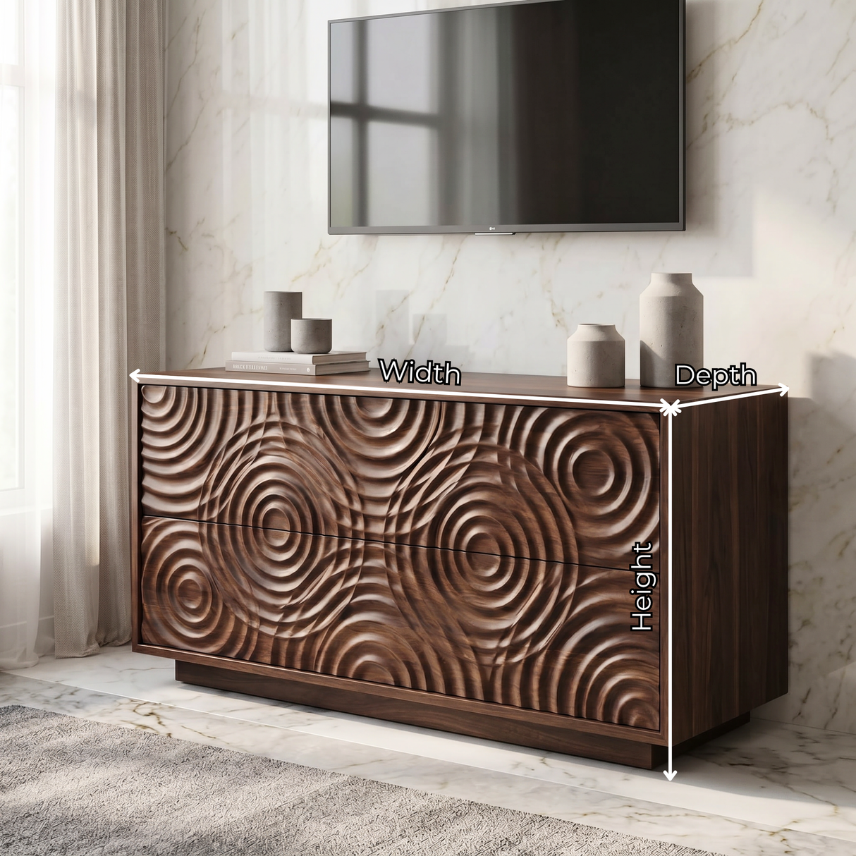 Solid Wood TV Console with Concentric Ripple Carved Doors