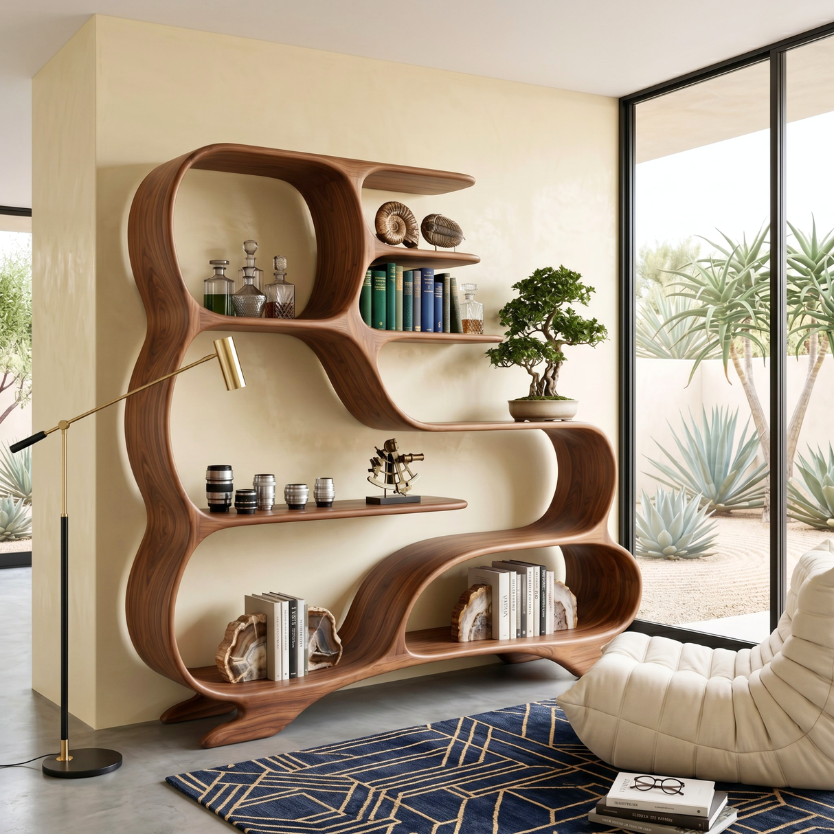 Organic Solid Wood Bookshelf with Flowing S-Shaped Shelves