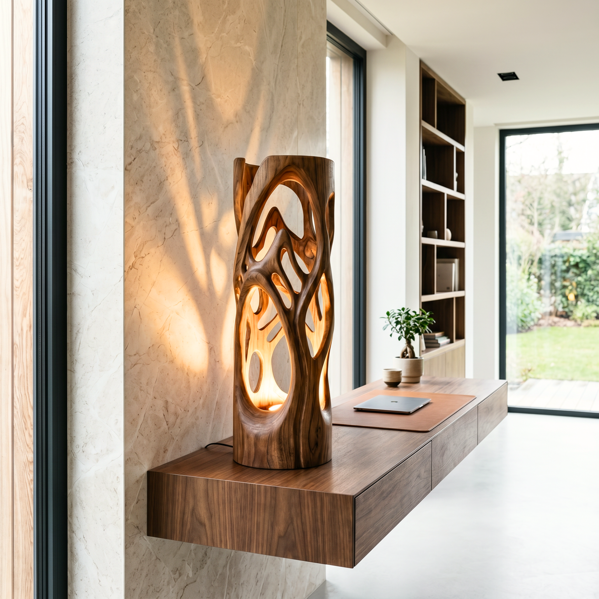 Sculpted Aura Wood Table Lamp with Organic Openwork