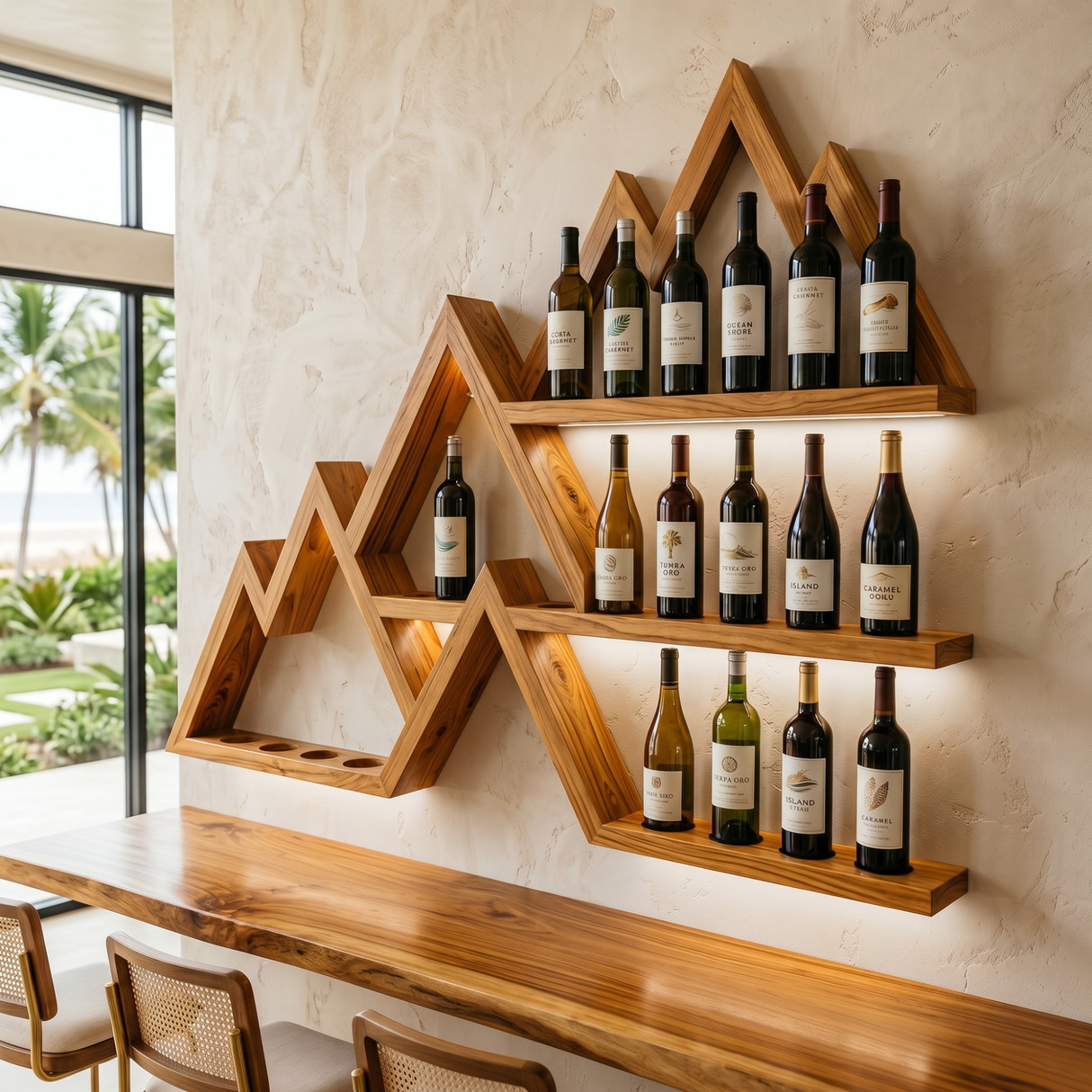 Handcrafted Solid Wood Mountain Wall Bar Shelf with Tiered Wine Bottle Display