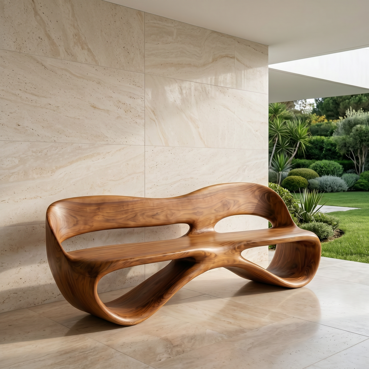 Solid Wood Outdoor Bench with Continuous Loop Backrest for Garden Seating