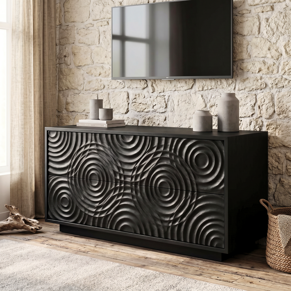Solid Wood TV Console with Concentric Ripple Carved Doors