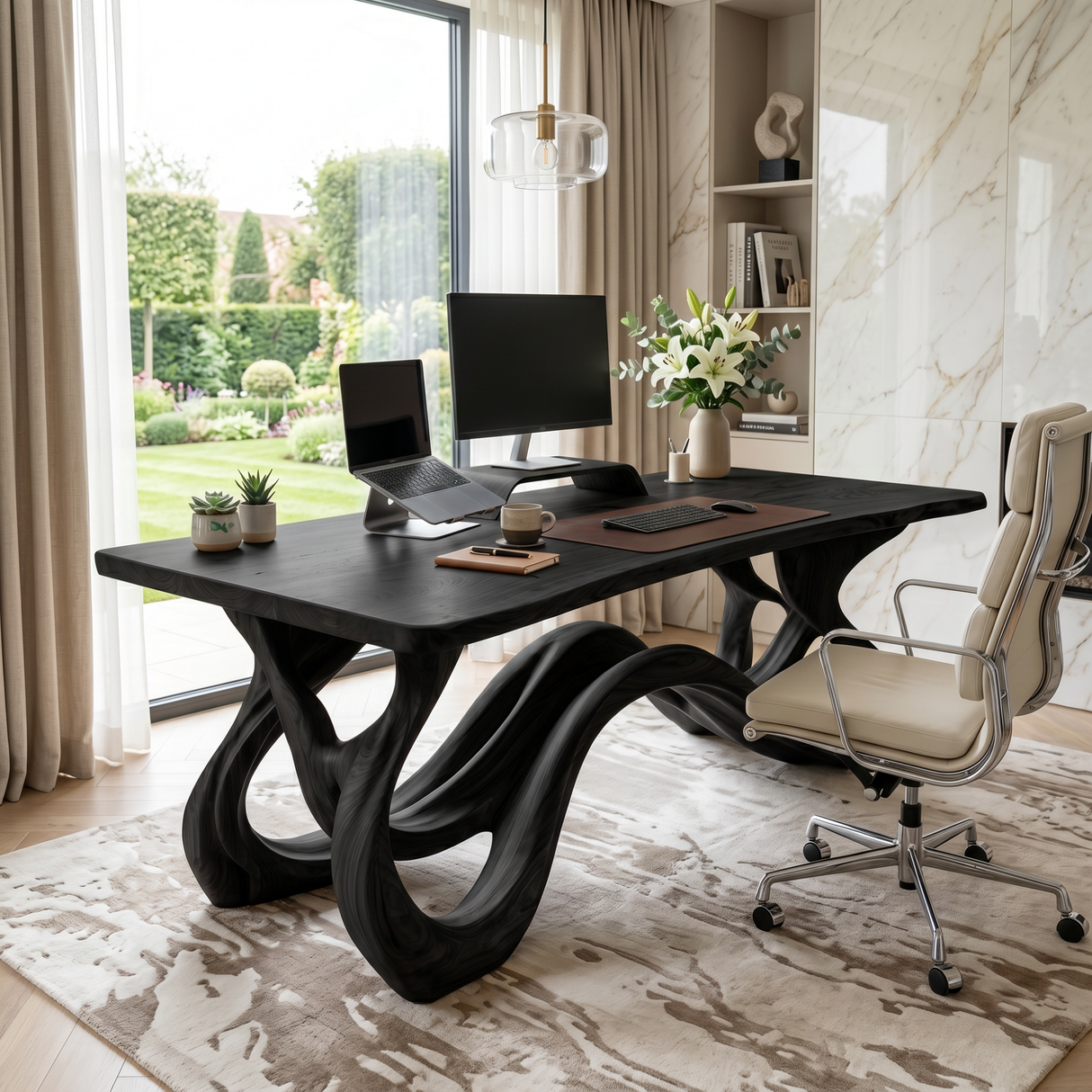 Organic Solid Wood Desk with Flowing Loop Sculptural Base