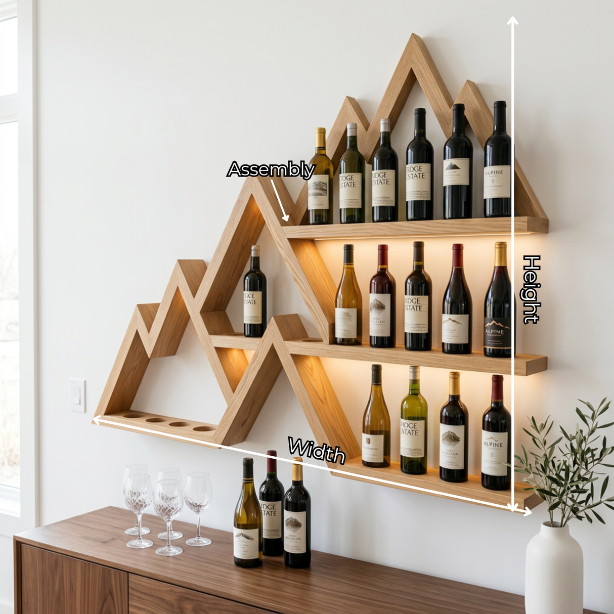 Handcrafted Solid Wood Mountain Wall Bar Shelf with Tiered Wine Bottle Display