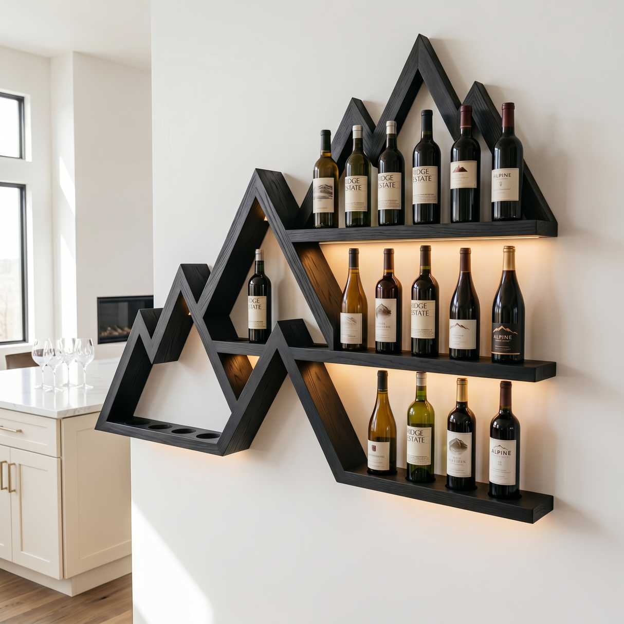 Handcrafted Solid Wood Mountain Wall Bar Shelf with Tiered Wine Bottle Display