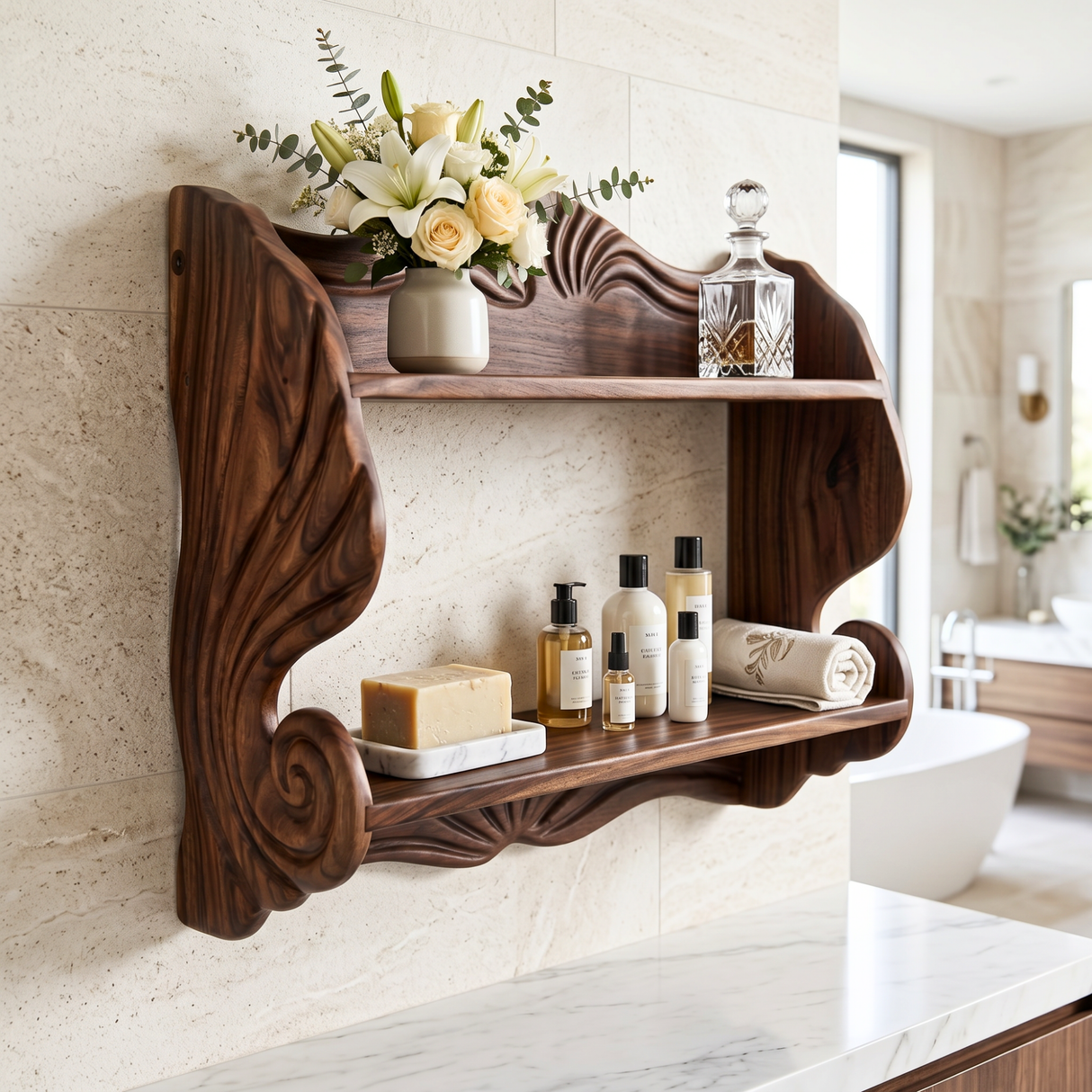 Seashell Scroll Wood Wall Shelf with Two Display Tiers