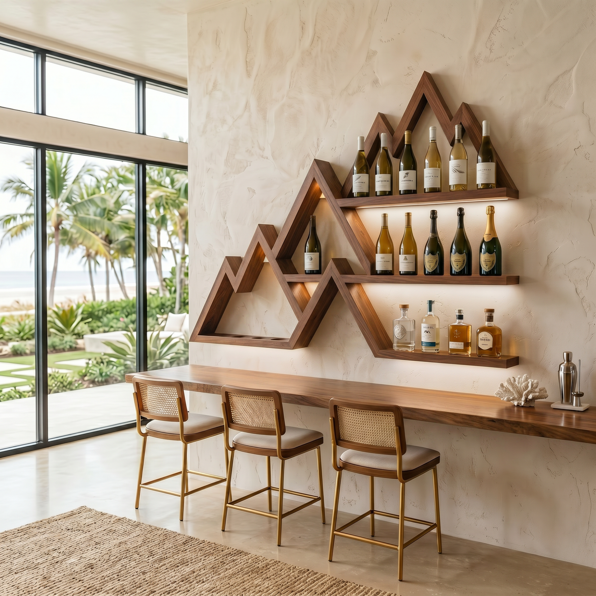 Handcrafted Solid Wood Mountain Wall Bar Shelf with Tiered Wine Bottle Display