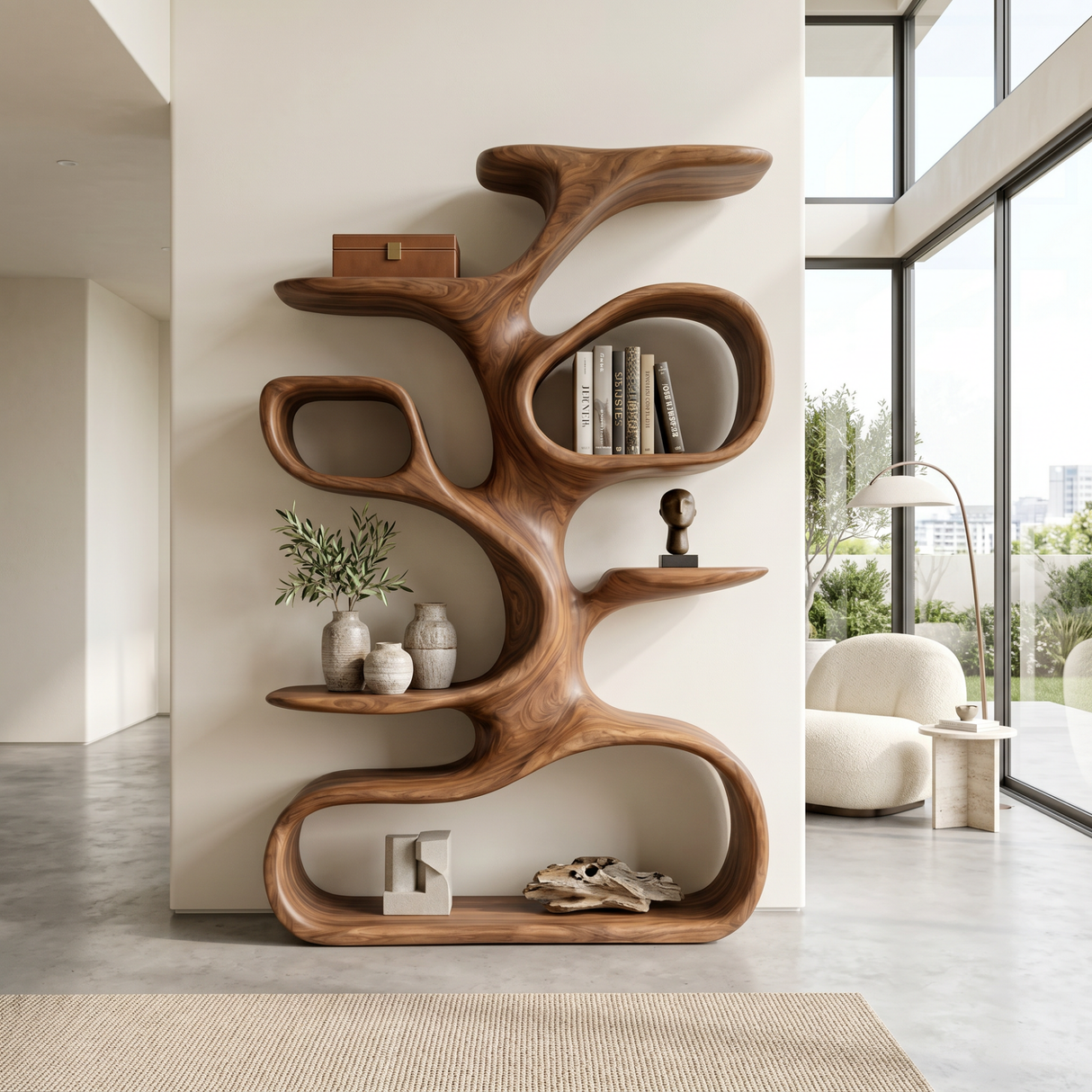 Organic Solid Wood Display Shelf with Branch-Inspired Open Shelves