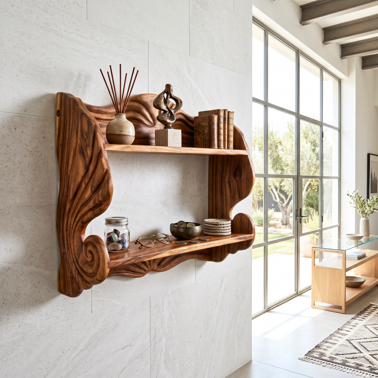 Seashell Scroll Wood Wall Shelf with Two Display Tiers