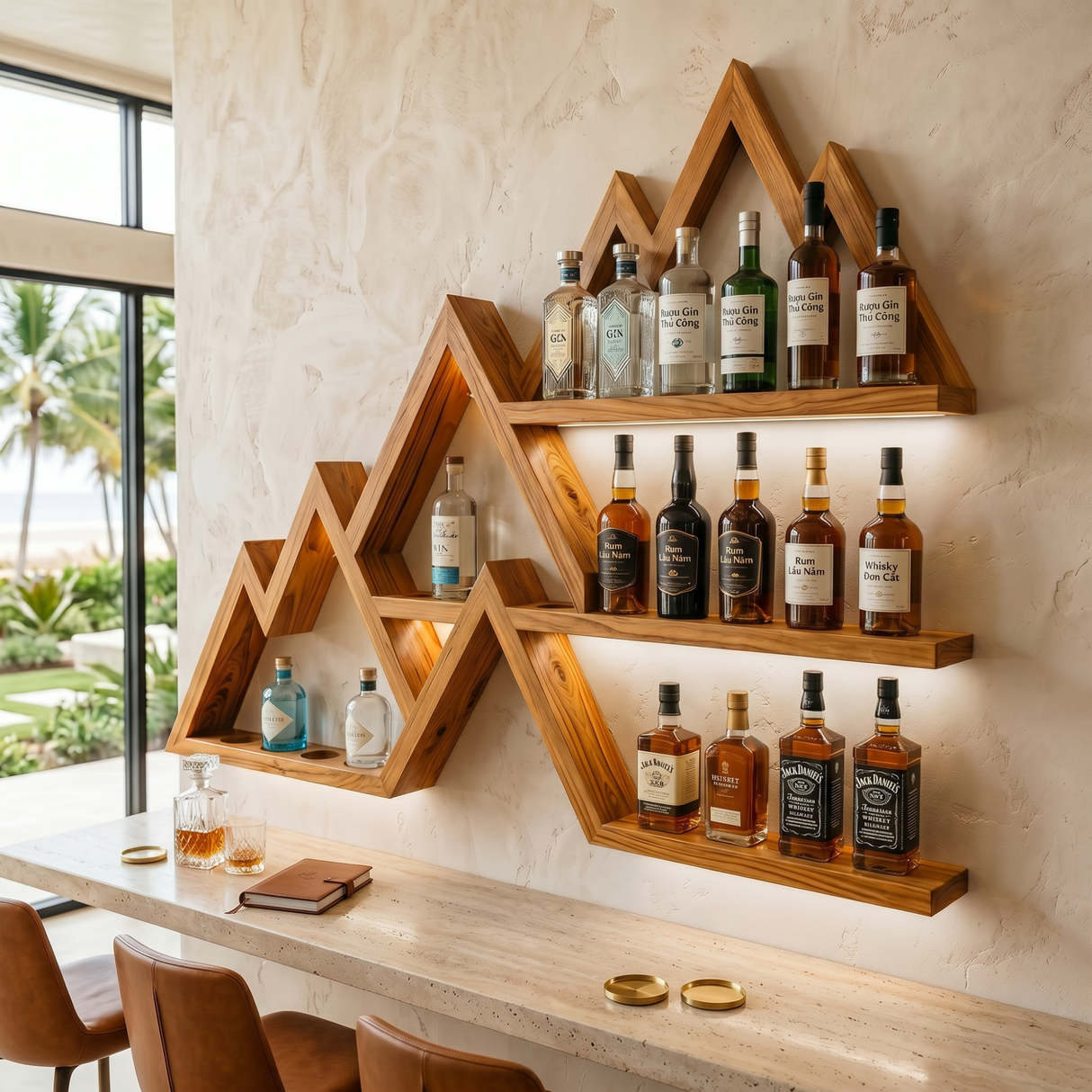 Handcrafted Solid Wood Mountain Wall Bar Shelf with Tiered Wine Bottle Display