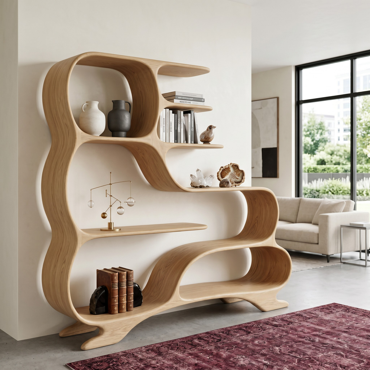 Organic Solid Wood Bookshelf with Flowing S-Shaped Shelves