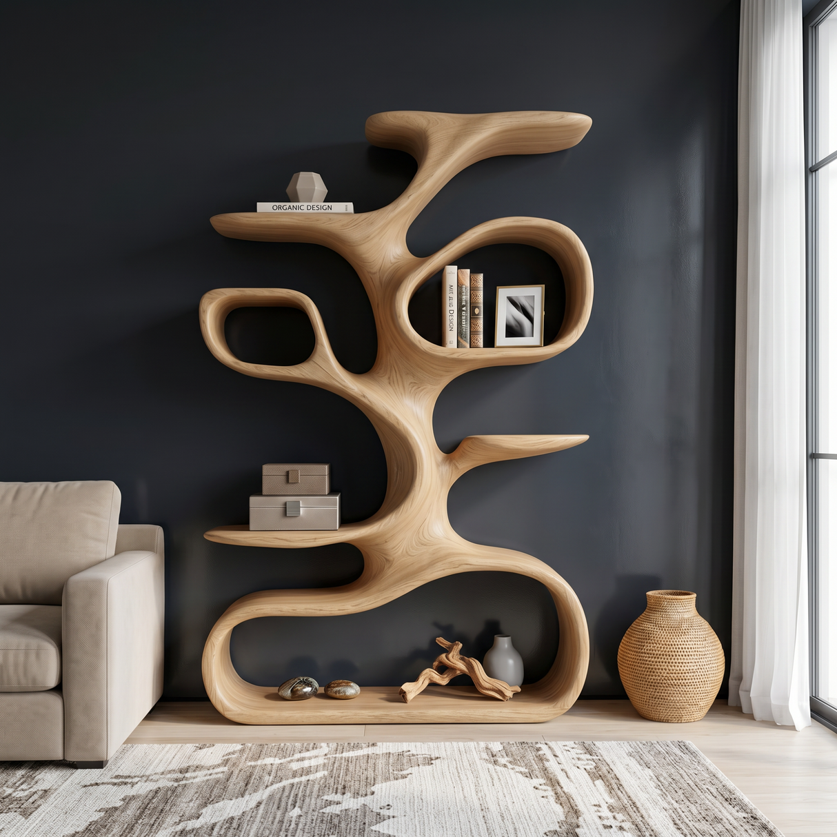 Organic Solid Wood Display Shelf with Branch-Inspired Open Shelves