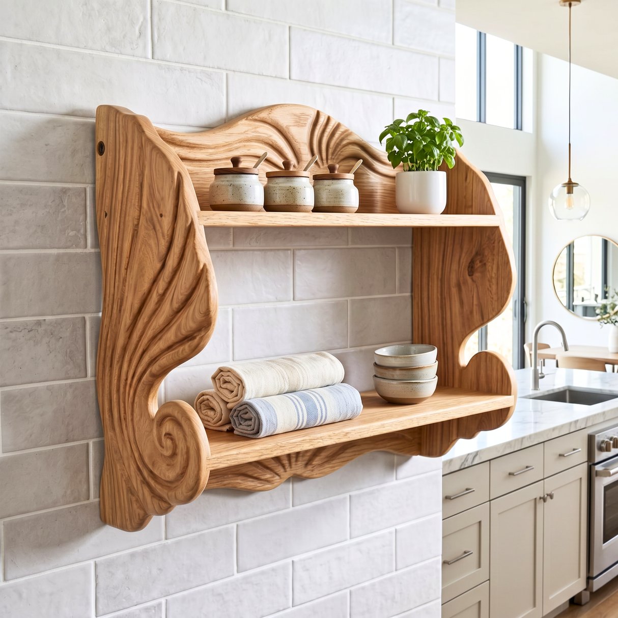 Seashell Scroll Wood Wall Shelf with Two Display Tiers