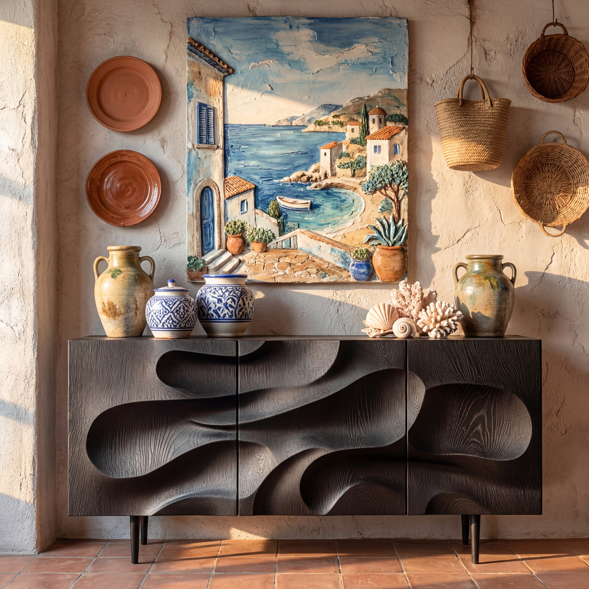 Carved Black Wood Sideboard Cabinet for Modern Living Room and Dining Storage